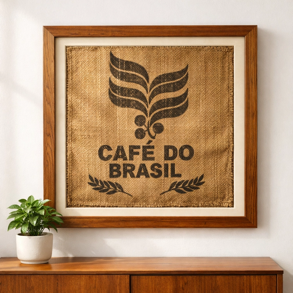 Framed burlap coffee sack with a rustic botanical design as unique wall art for home decor.