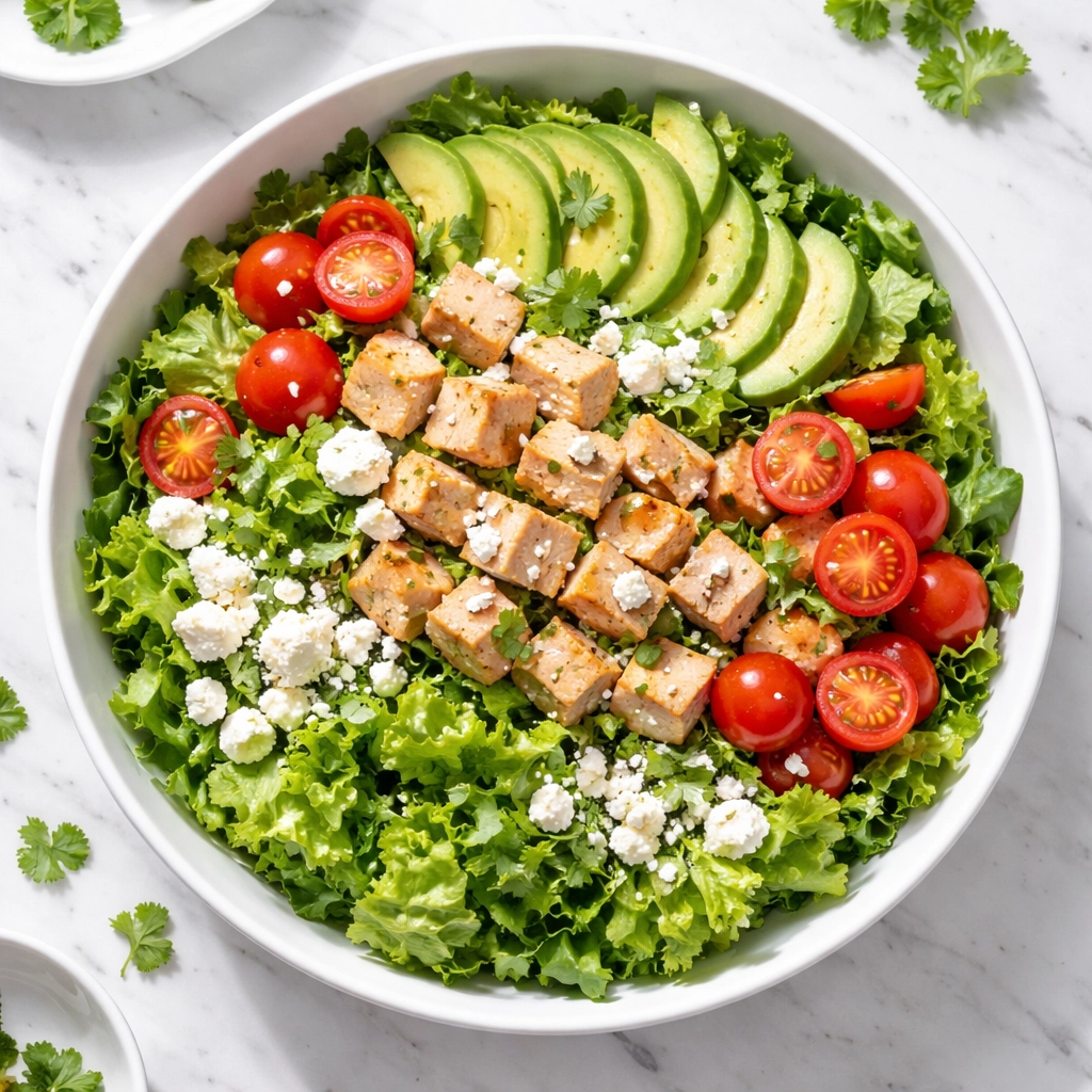 Assembled keto turkey salad with avocado, lettuce, tomatoes, feta, and fresh cilantro garnish