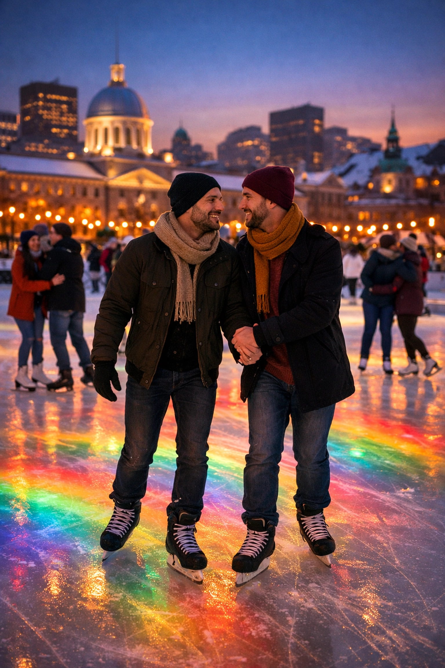 Gay couple ice skating at Montreal's Place du Village with rainbow light projections