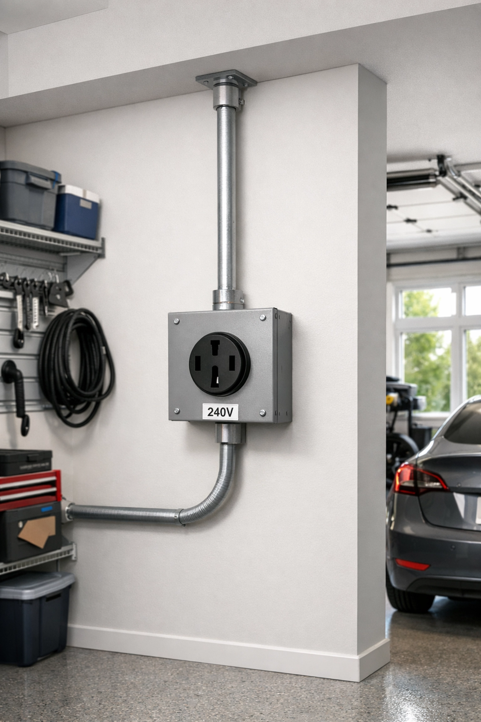 Garage with dedicated electrical outlet for future electric vehicle charging installation