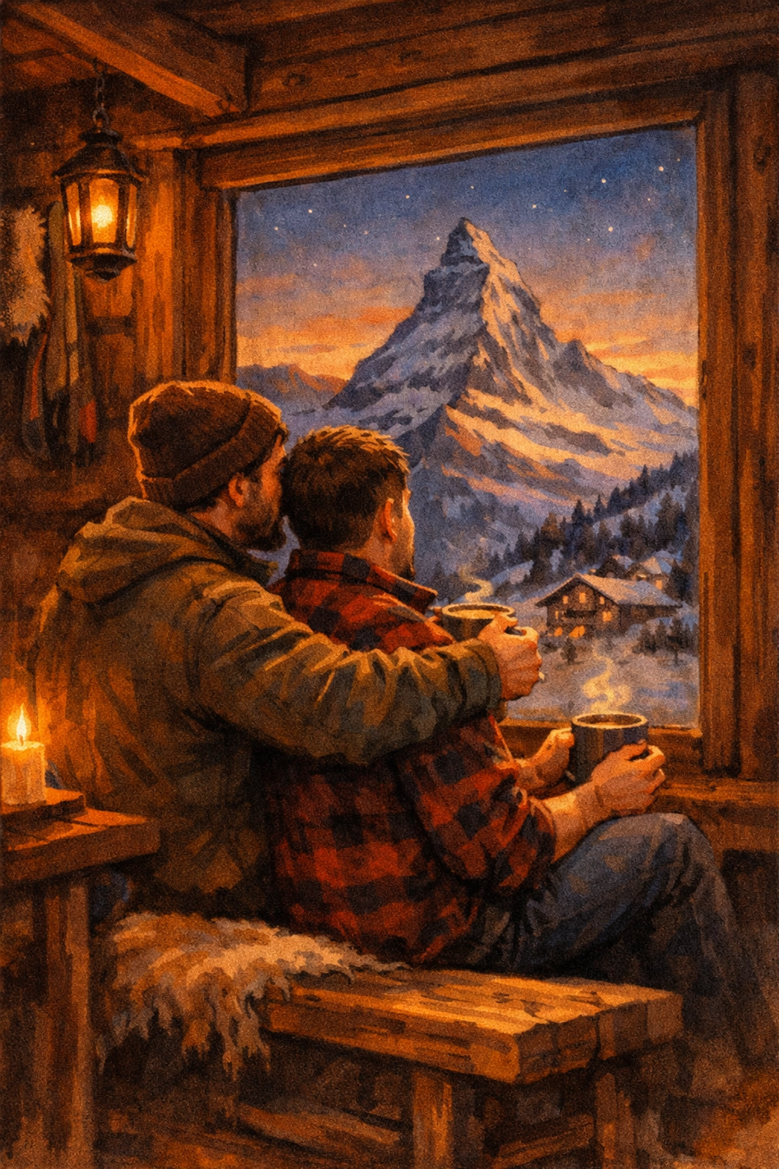 Romantic scene of two men in cozy Swiss chalet with Matterhorn view - MM love story