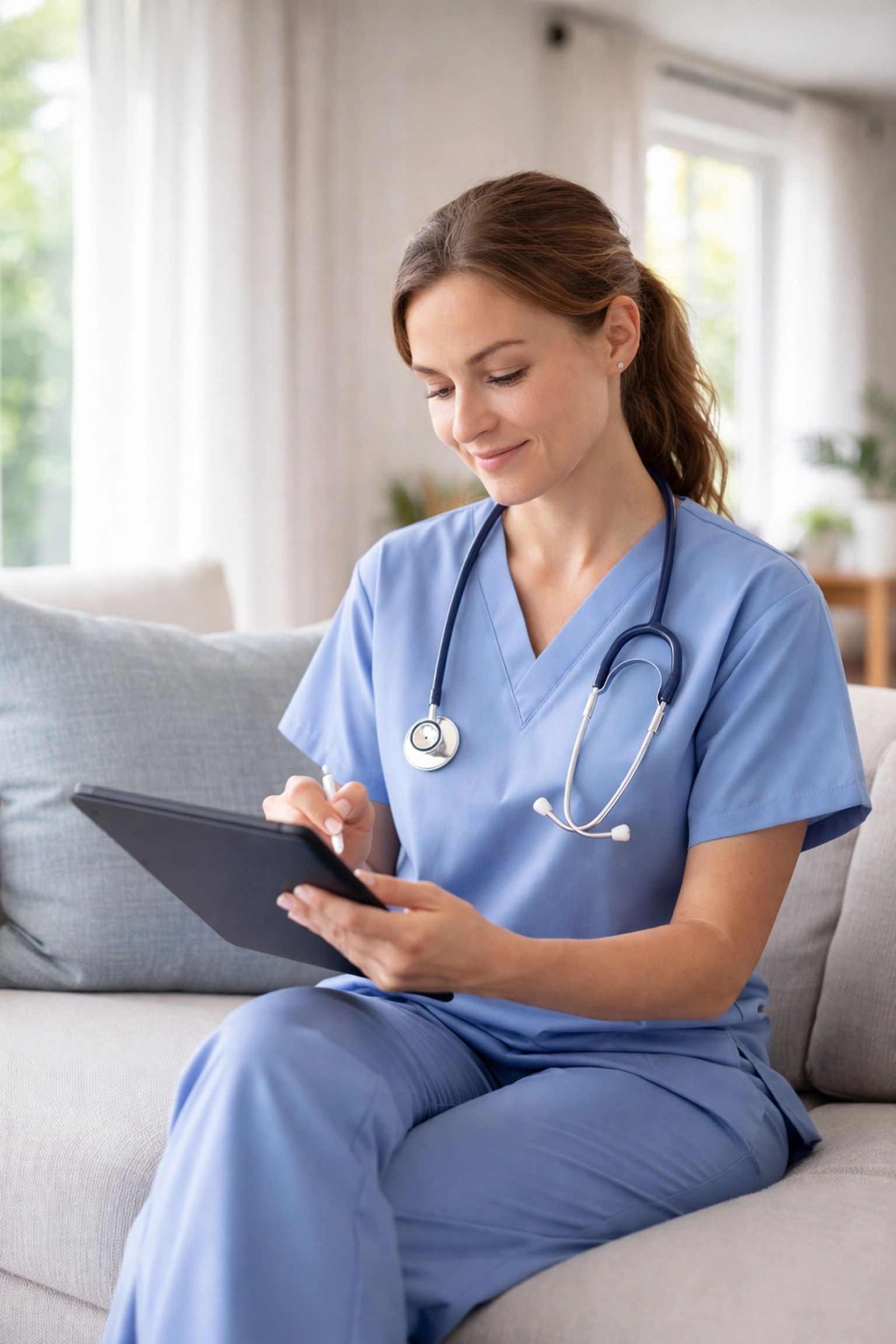Home health nurse documenting on a tablet in a patient's living room, highlighting mobile healthcare technology.