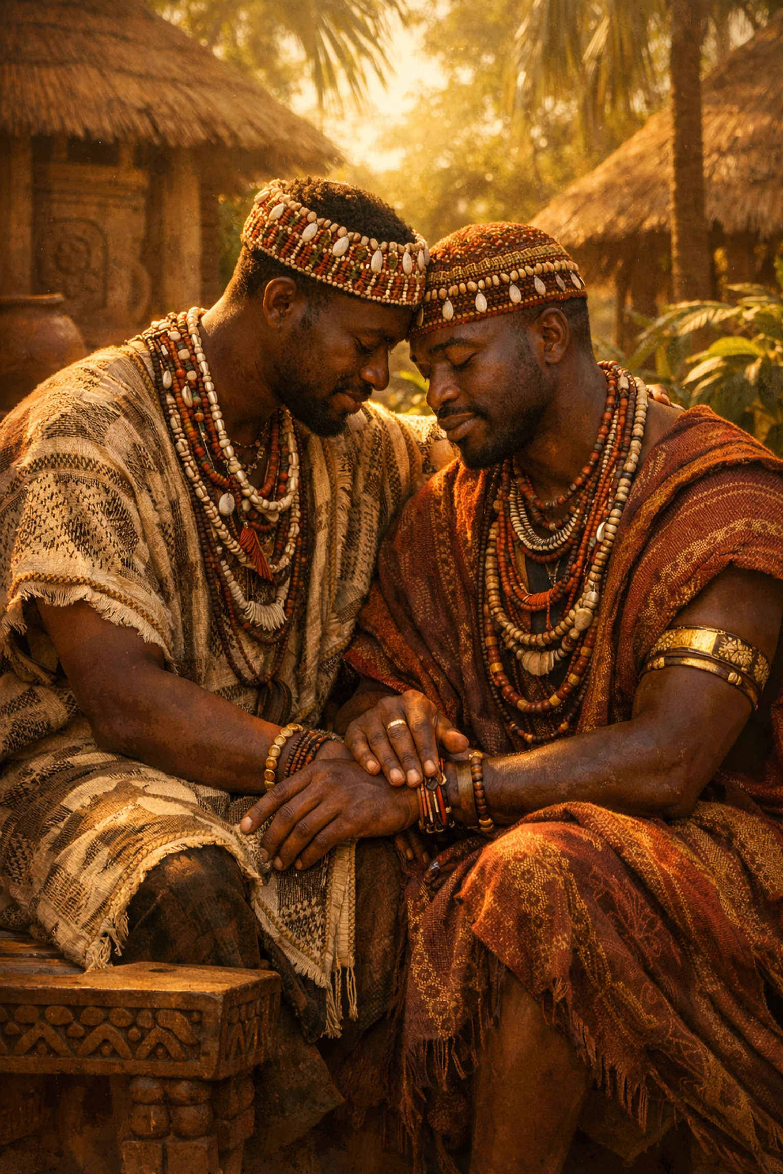 Pre-colonial West African men in traditional attire sharing a tender moment of historical romance.