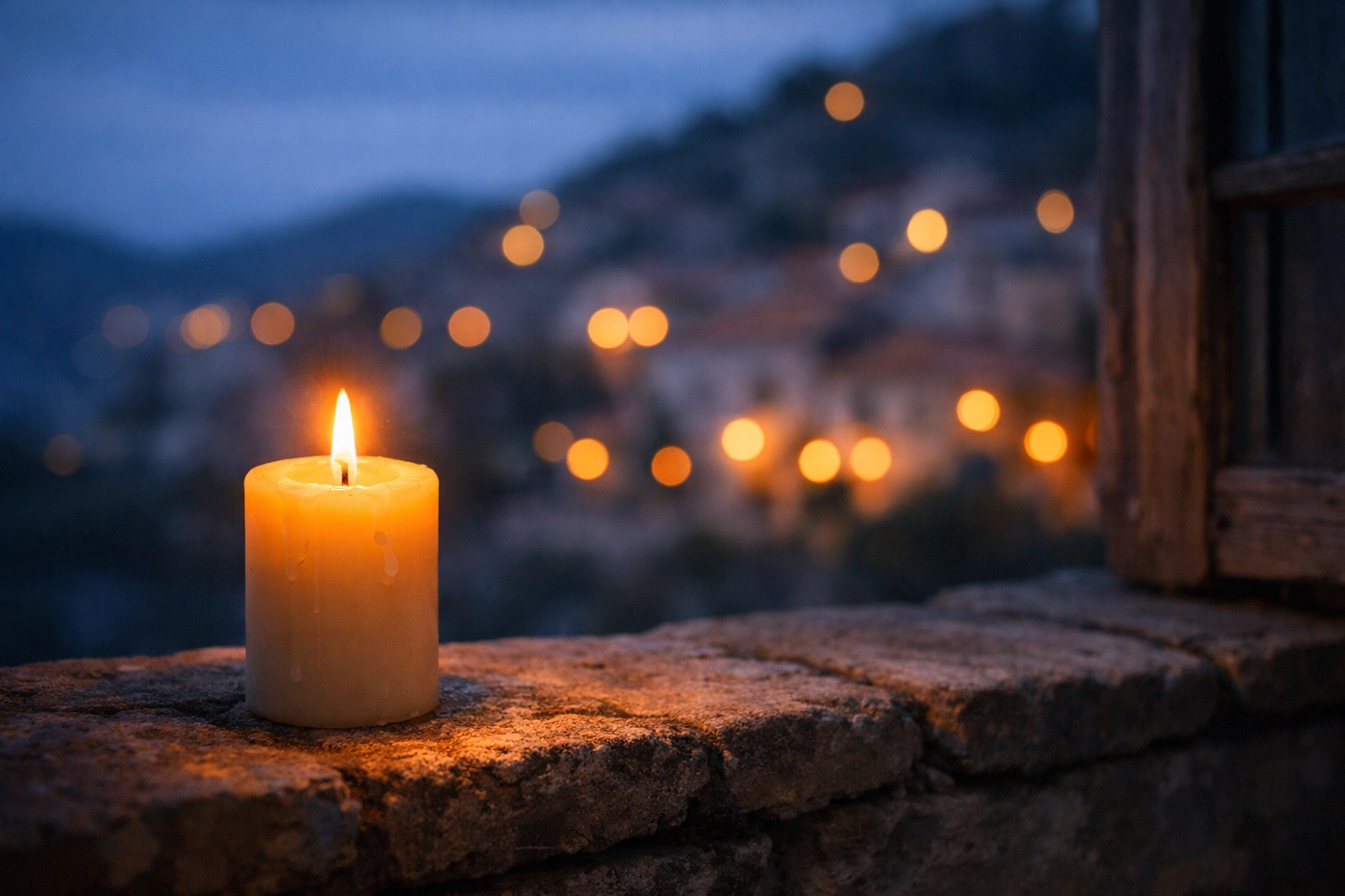 A warm prayer candle on a windowsill overlooking the lights of a Mediterranean community at dusk.