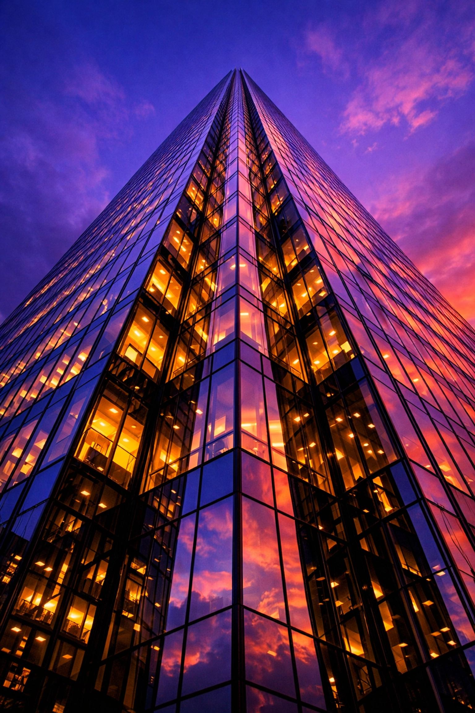 A modern glass skyscraper at dusk representing institutional real estate and private equity opportunities.