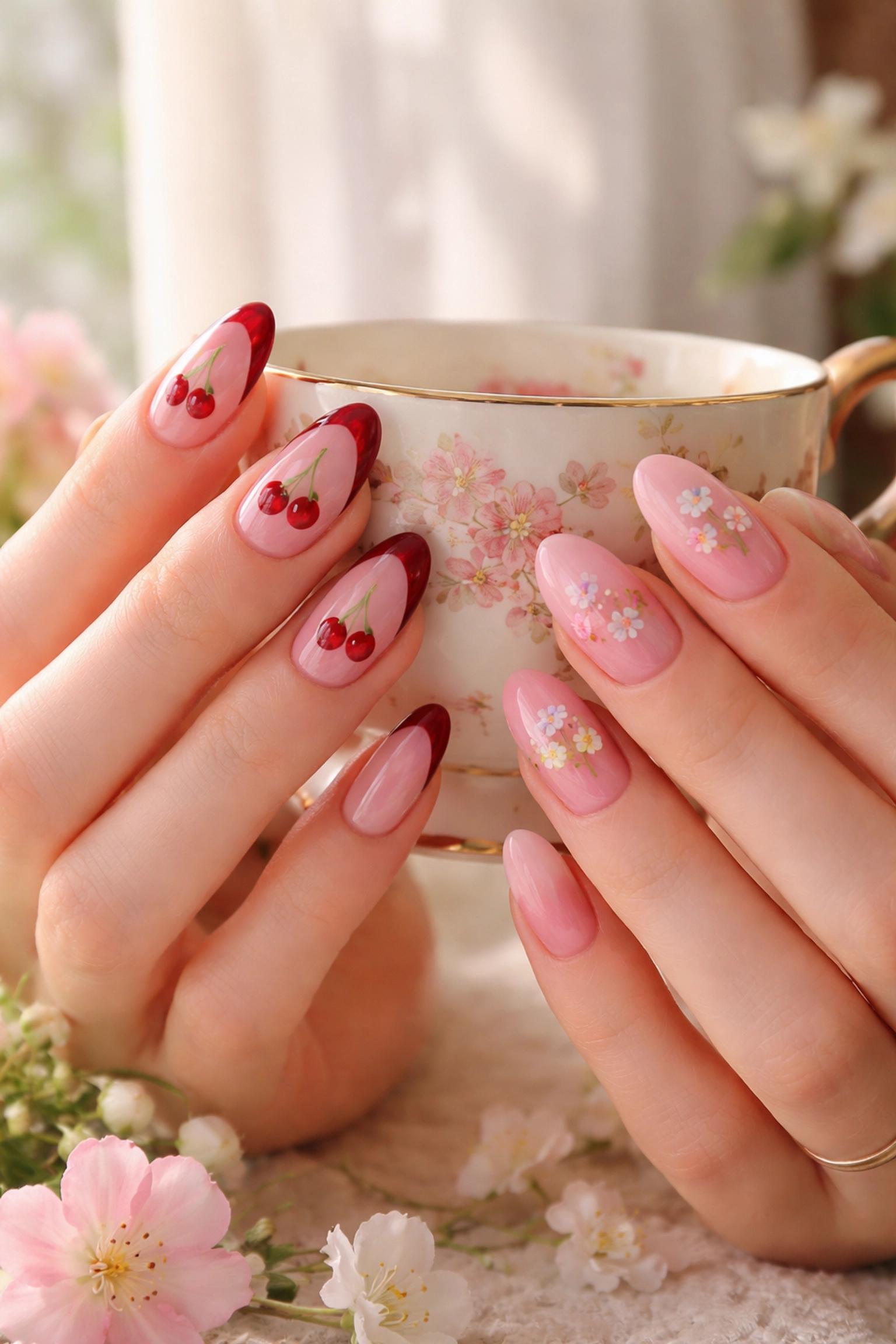 Nature-inspired French tips featuring cherry and floral designs, ideal for upscale nail salons in Norwood, Westwood, and Sharon MA.