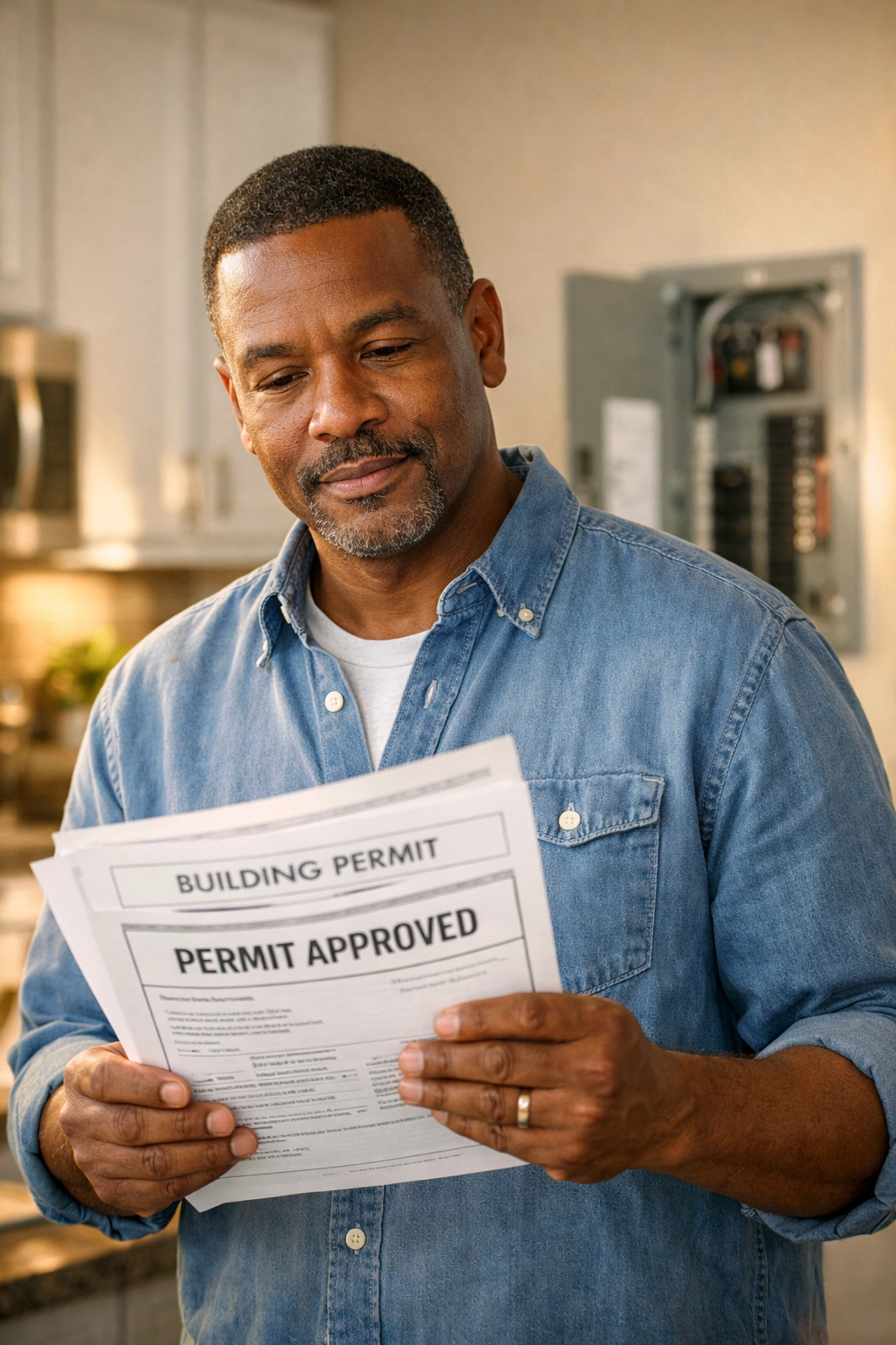 Gwinnett County homeowner confidently reviewing electrical permit documents at home