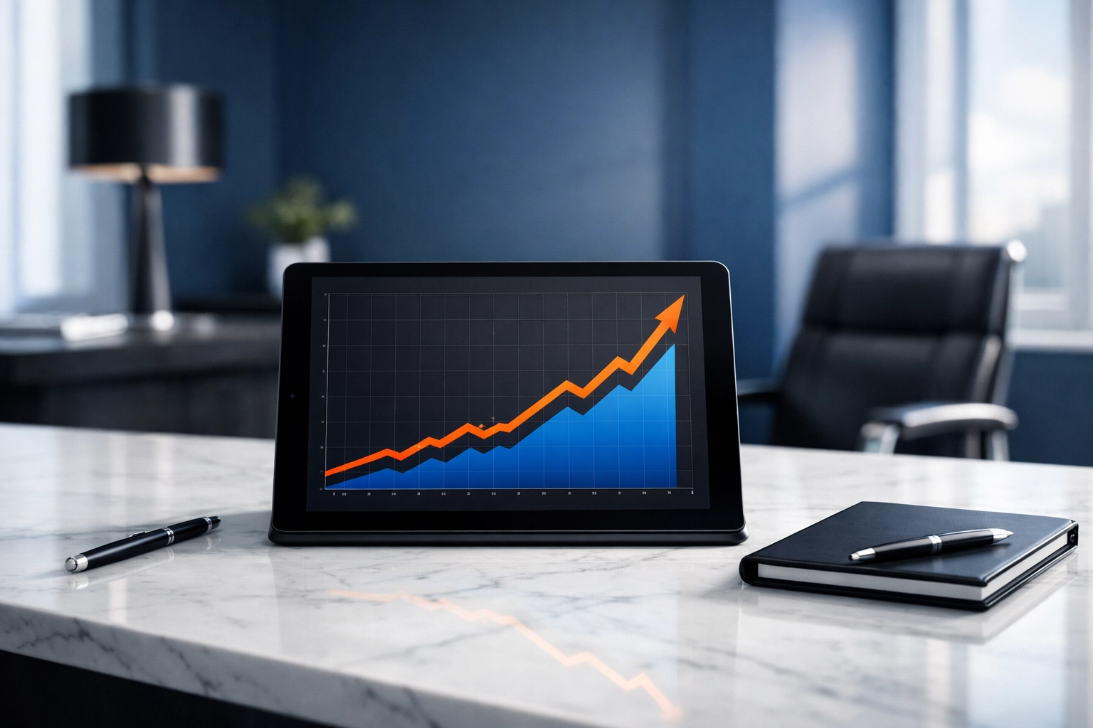 Growth chart on a tablet in a modern office, representing a high business valuation for exit planning.