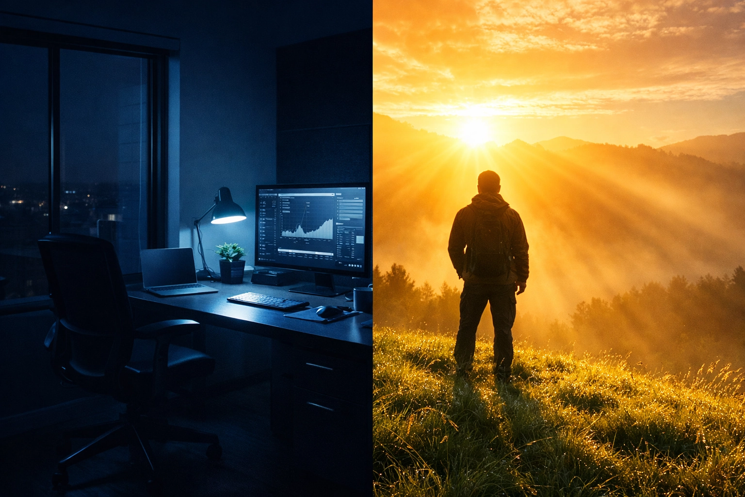Comparison of dim indoor office lighting versus powerful natural morning sunlight for mental clarity.