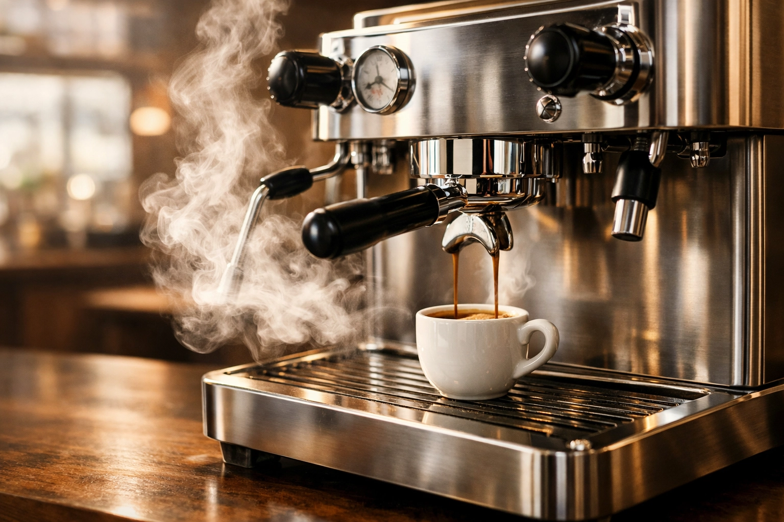 A professional stainless steel espresso machine in a cafe, highlighting the theatre of coffee brewing.