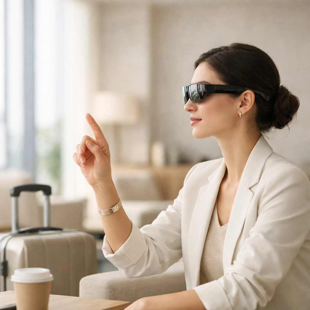 A traveler using augmented reality glasses in a modern hotel lounge for an immersive preview.