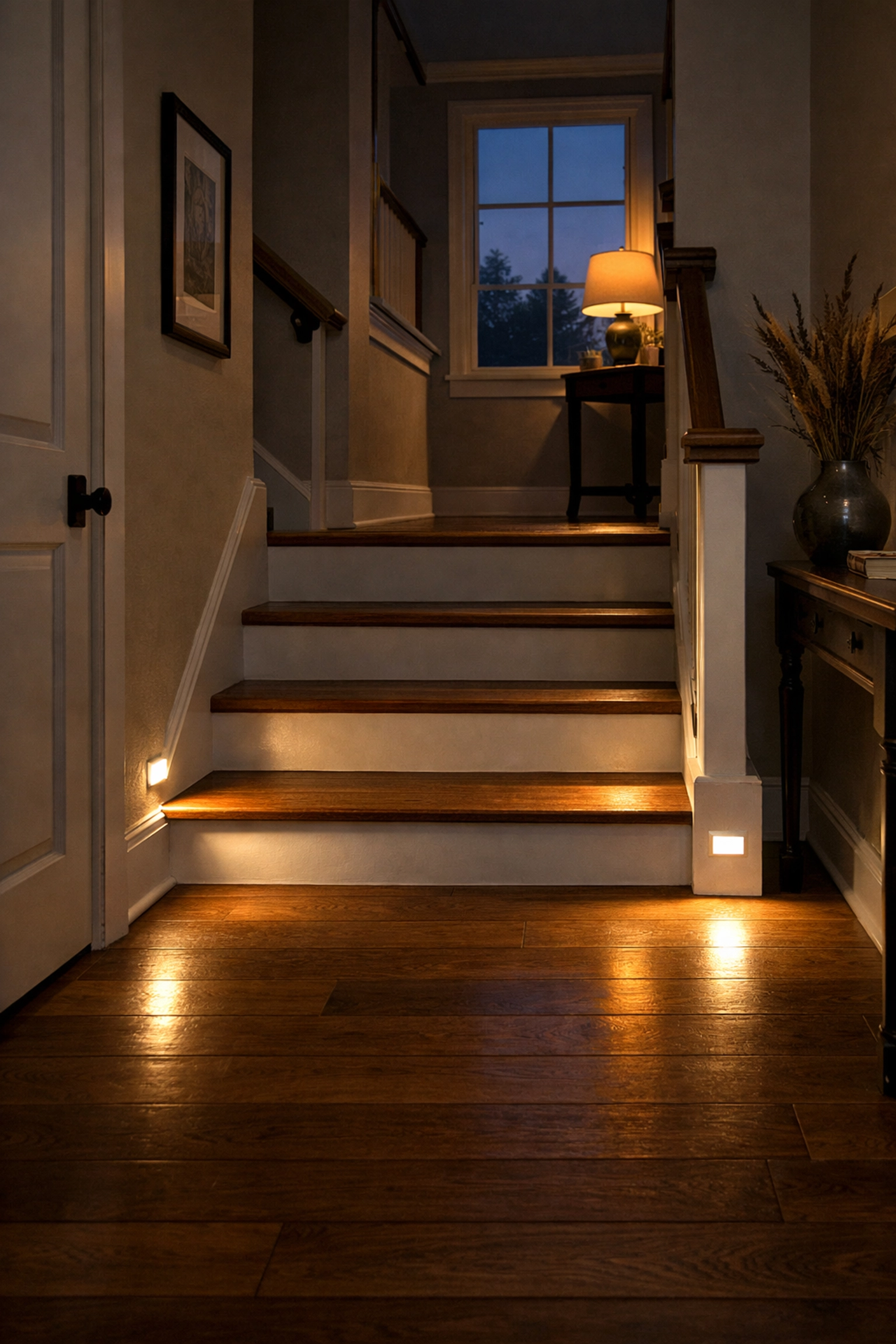 Staircase with motion-sensor LED night lights installed on the wall for safer navigation in the dark.