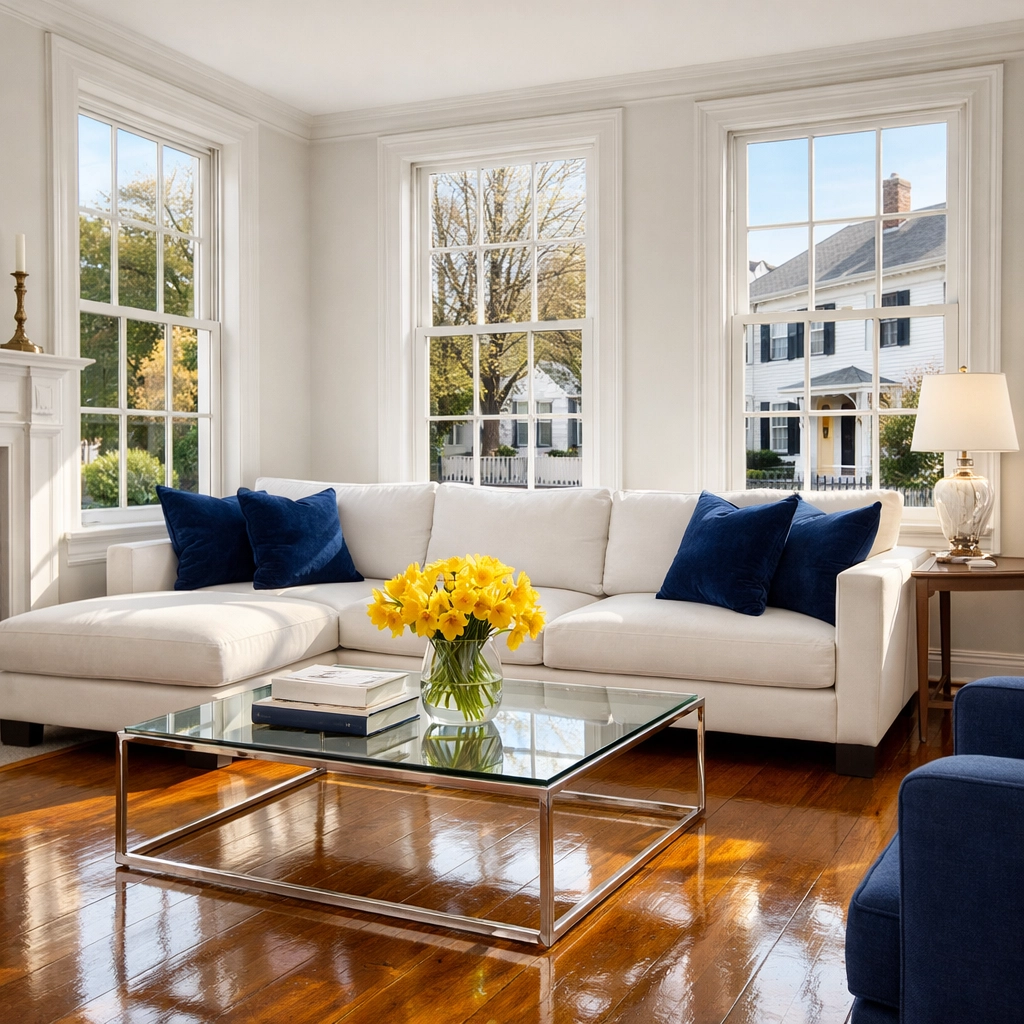 Clean luxury living room in a historic Concord home maintained by weekly apartment cleaning services.