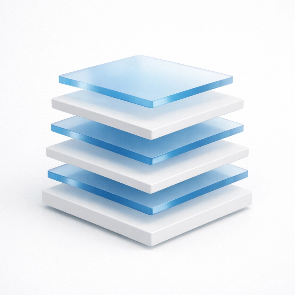 Stacked blue and white geometric tiles representing an organized digital workspace and efficient workflow.