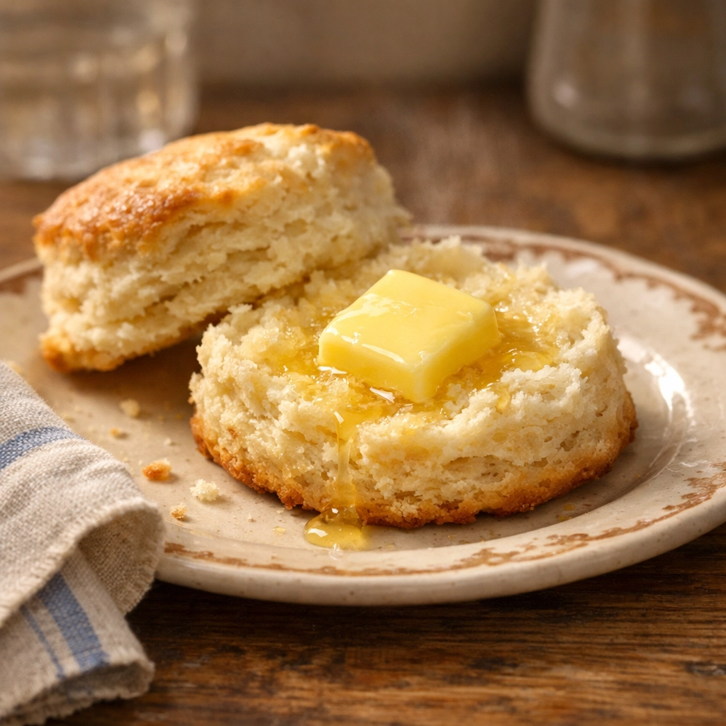 Flaky Southern buttermilk biscuit split open with melting butter on a rustic plate.