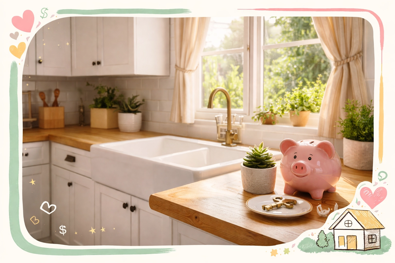 Farmhouse kitchen in a Marietta home with piggy bank, symbolizing homestead exemption and property tax savings for new homeowners