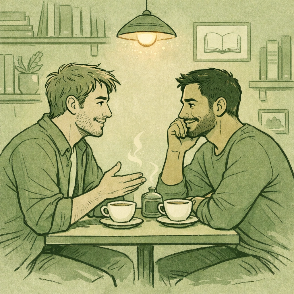 Two men in authentic conversation - genuine connection in gay romance books