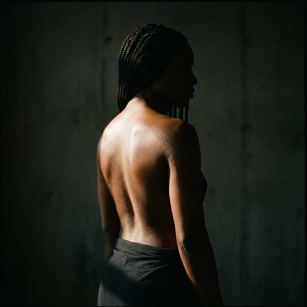Fine art nude photography of a Black woman's back highlighting natural skin texture and cinematic light.