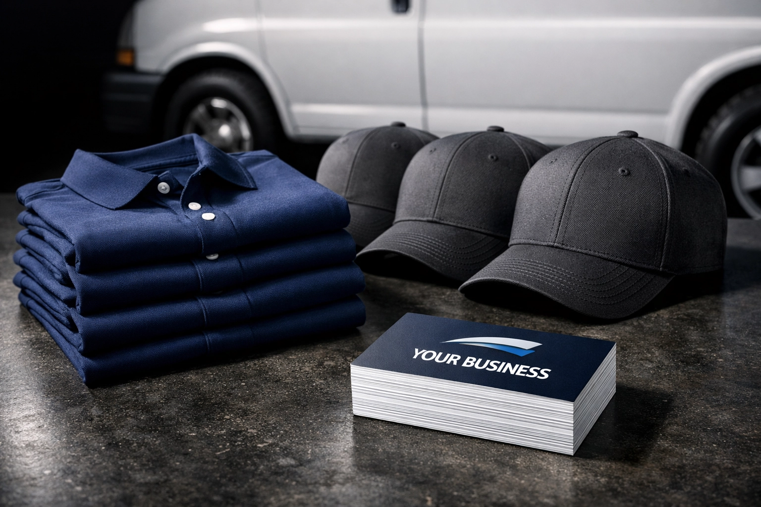 Business startup package with custom embroidered polos, hats, and business cards for new companies.