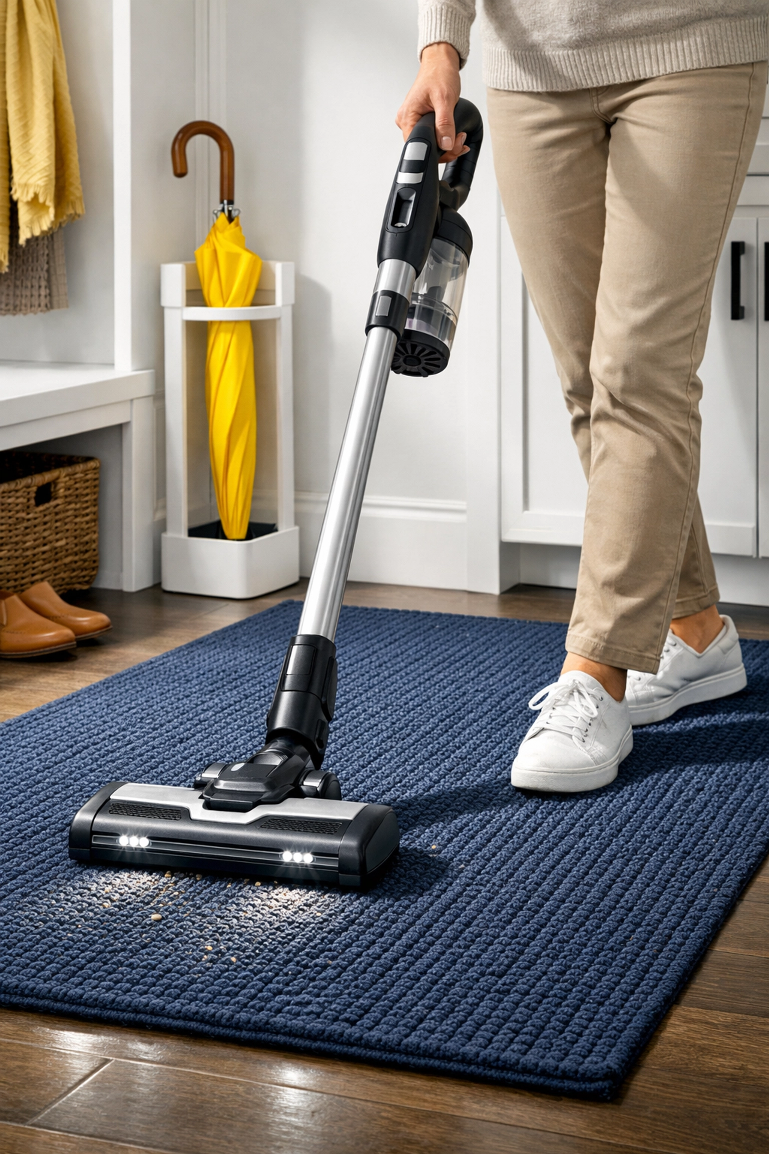 Regular vacuuming of an entryway rug to maintain its effectiveness in trapping indoor dirt.