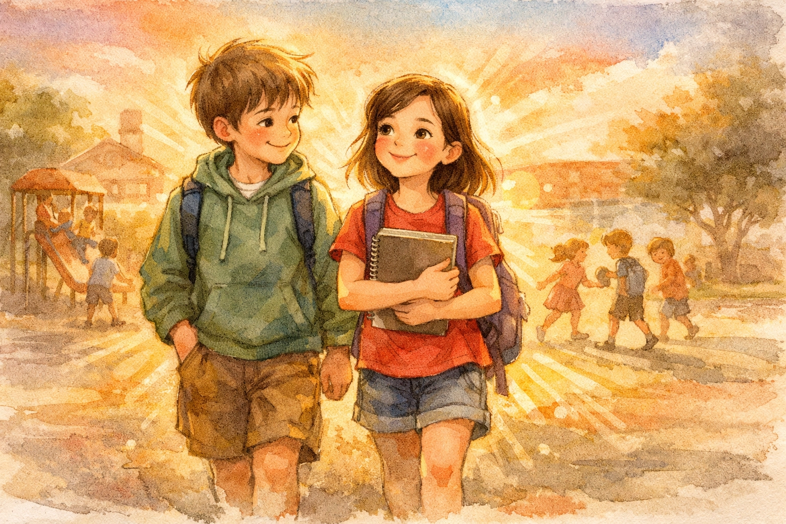 Leo and Emma walking together on playground, reflecting Jesus' light through friendship