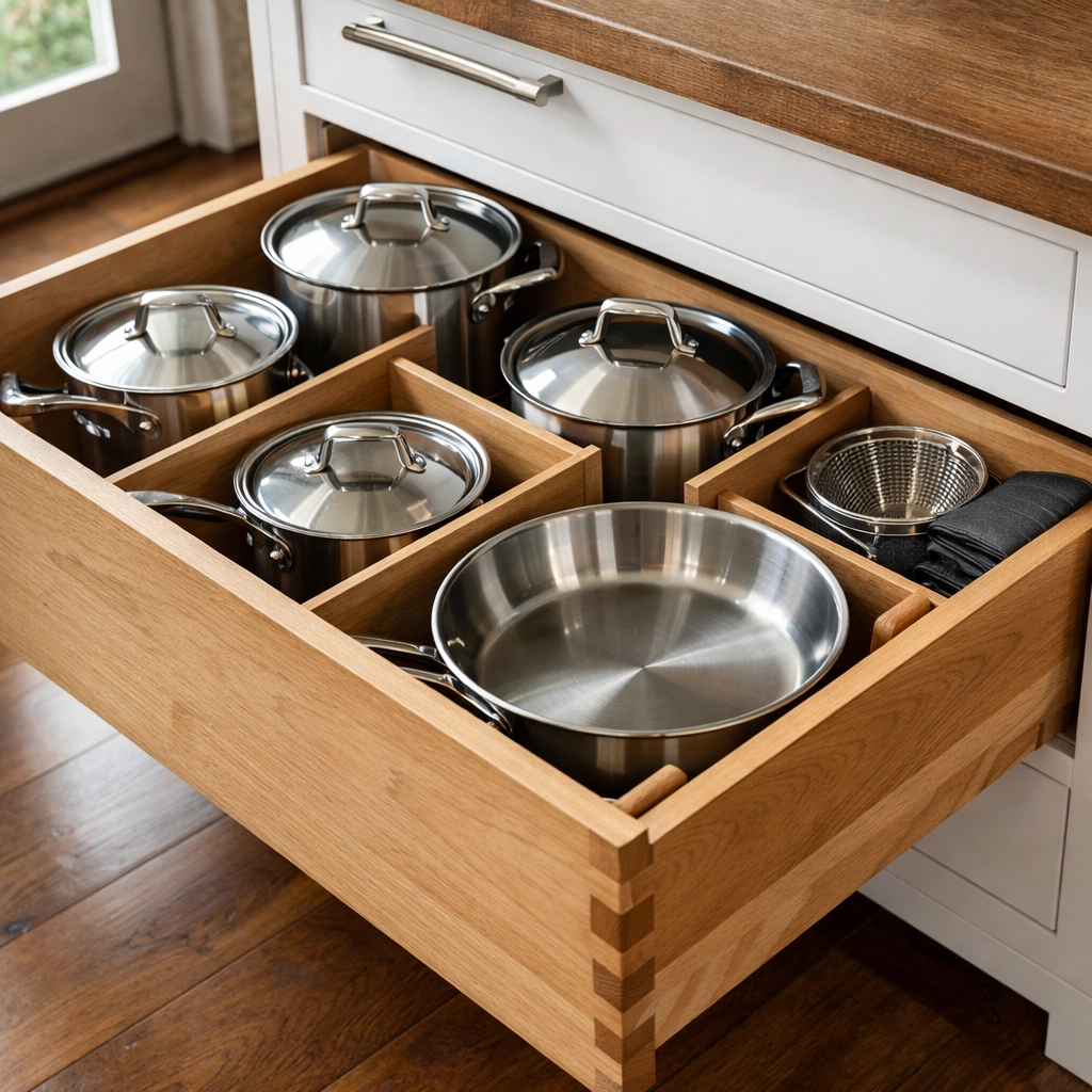 Custom wood storage drawer and organized cabinetry for a functional kitchen remodel Venice FL.