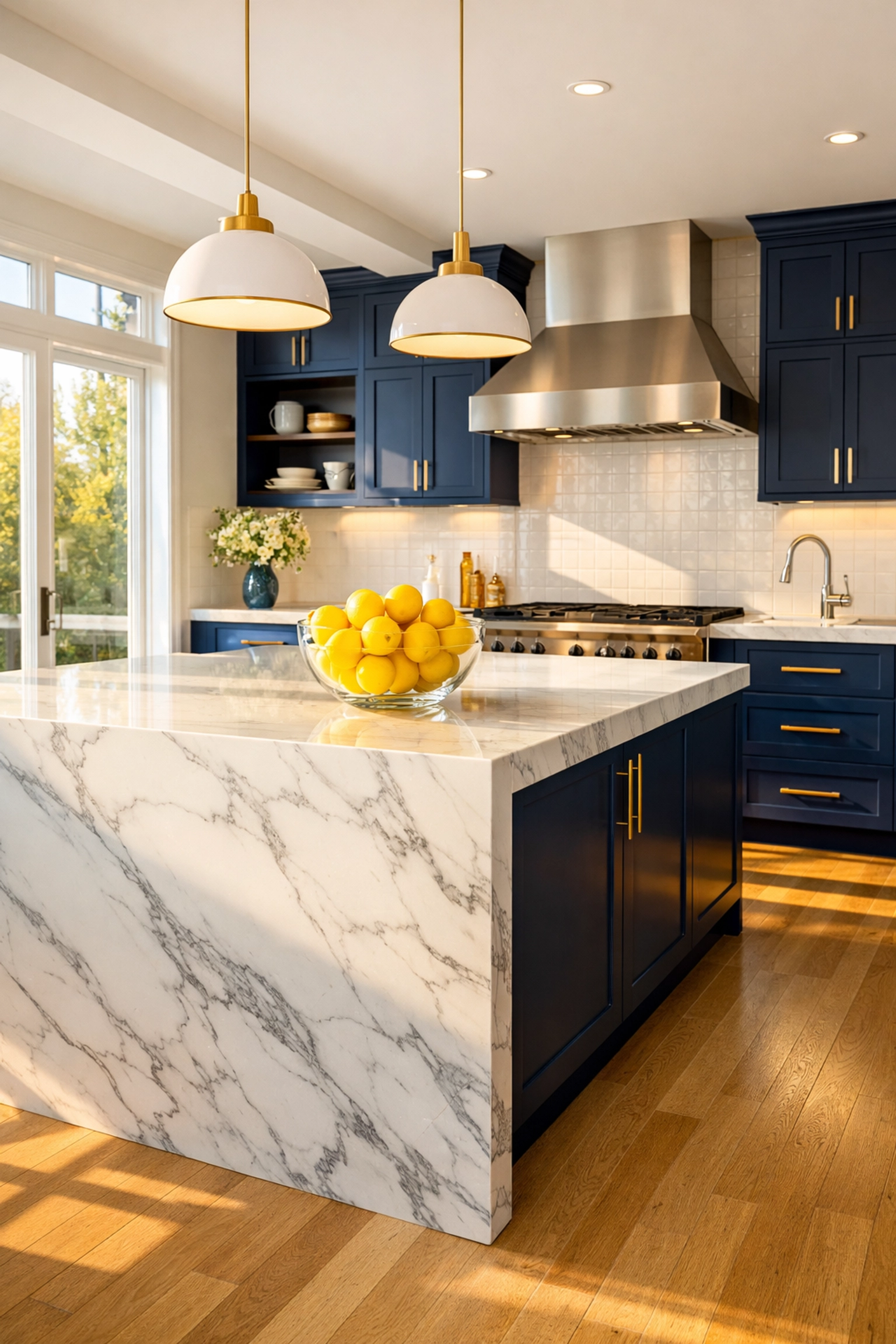 Spotless luxury kitchen in Lincoln, MA with marble island and polished navy blue cabinetry.