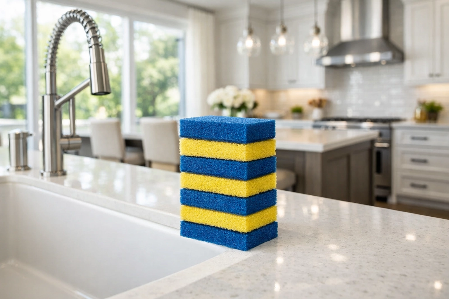 New blue and yellow sponges on a kitchen island for a fresh bi weekly house cleaning start.