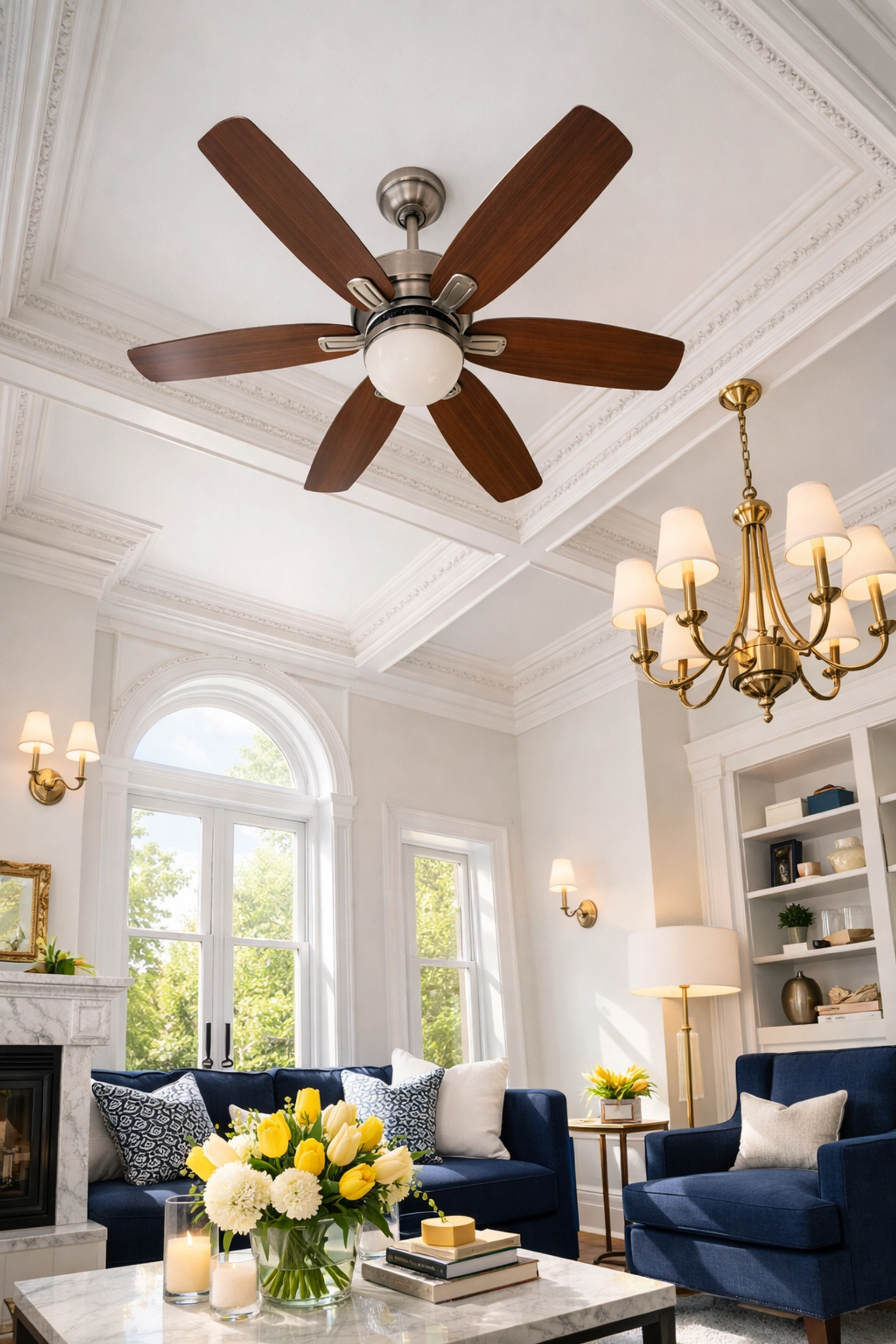 Professional spring deep clean of a Boston living room ceiling and crown molding.