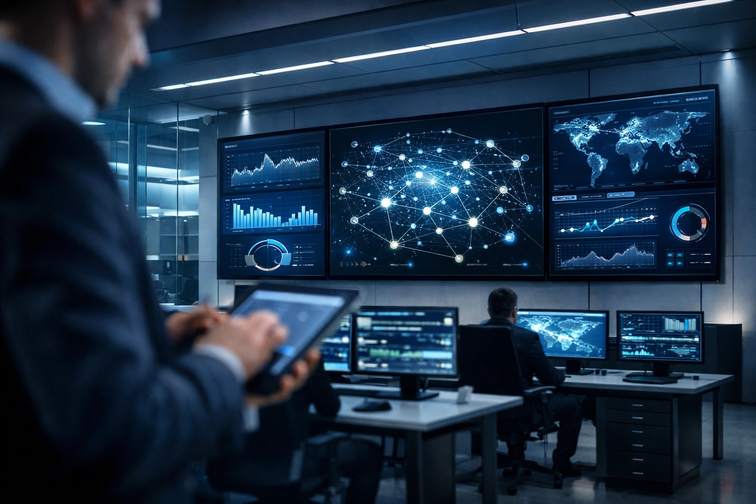 Advanced data operations center showing real-time analytics for integrated media campaign performance.
