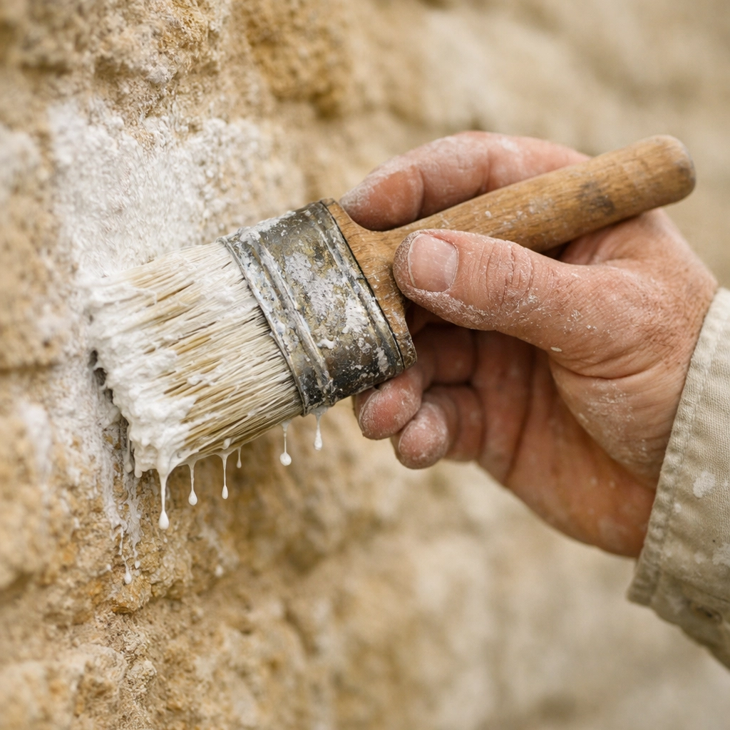 Applying breathable limewash to Cotswold stone wall using traditional painting methods