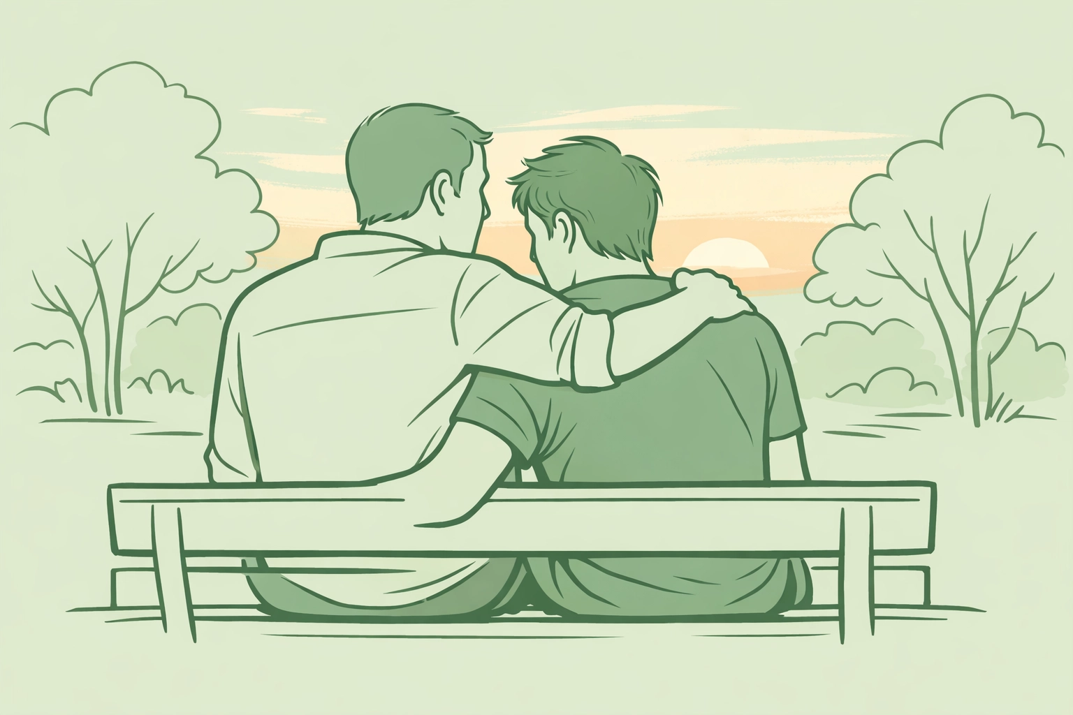 Two gay men supporting each other on park bench representing LGBTQ+ chosen family bonds