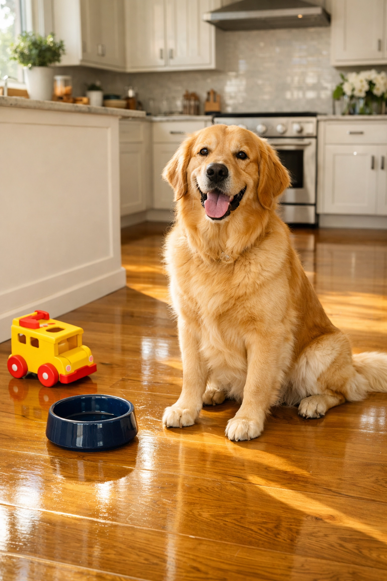 Happy dog on pet-safe, non-toxic hardwood floors showcasing eco-friendly luxury in Manchester-by-the-Sea.