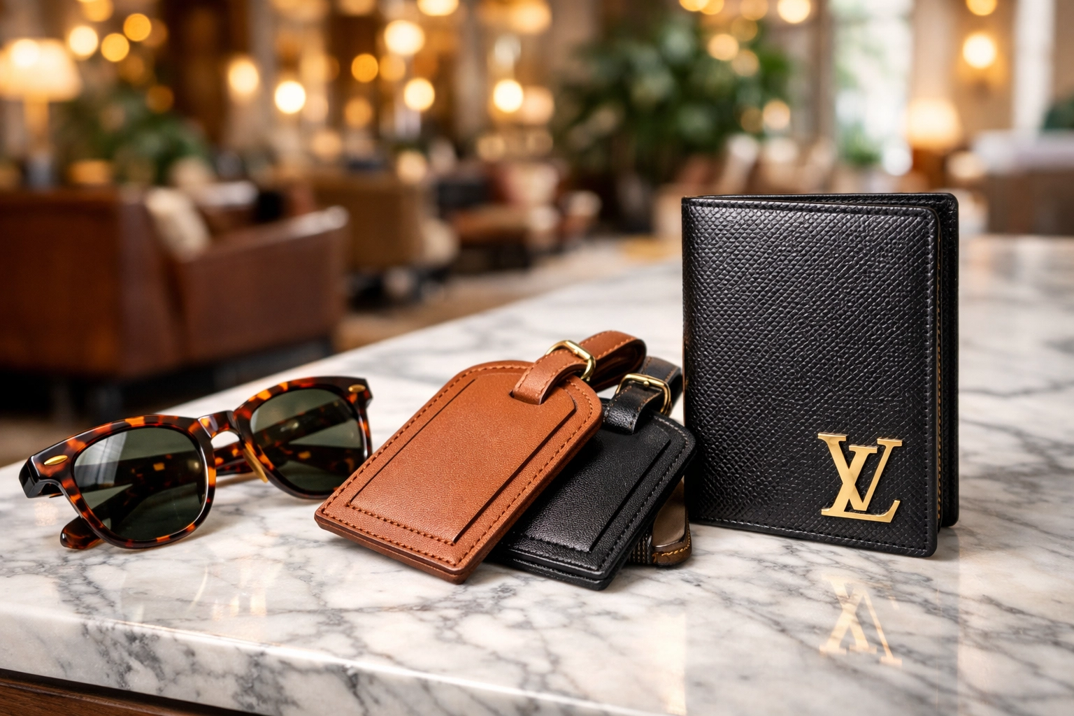 Close-up of luxury travel accessories and a passport holder in an elegant hotel setting.