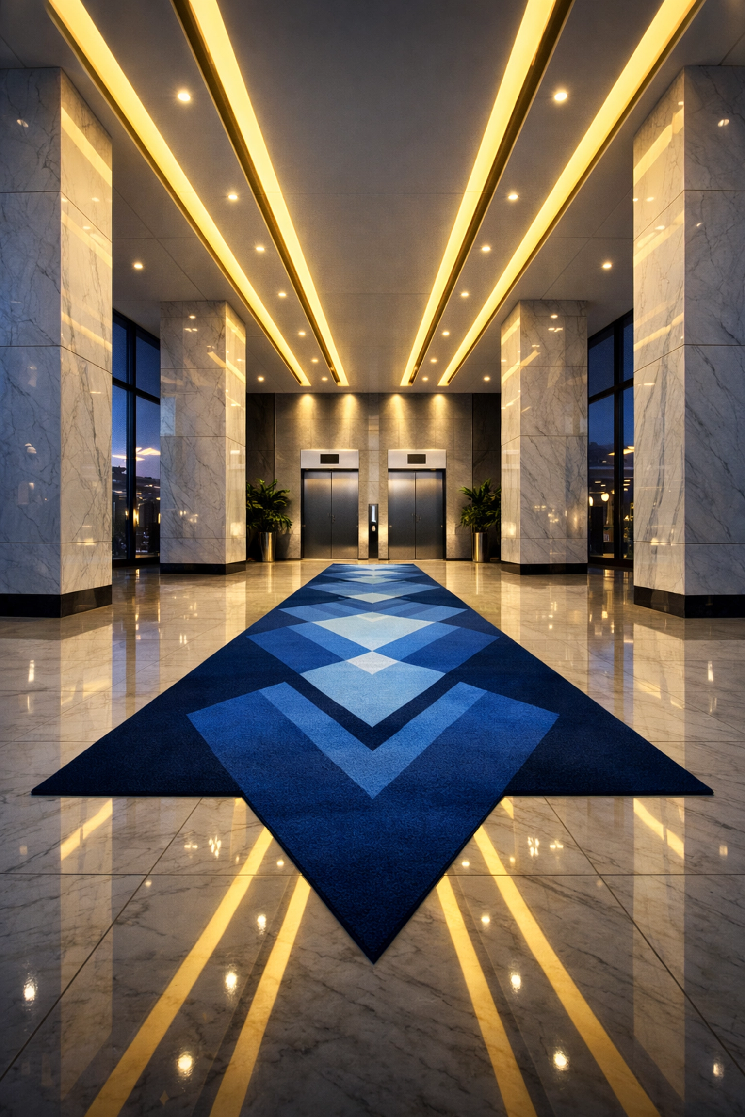 Spotless corporate lobby with marble pillars representing the best commercial cleaning in Boston.