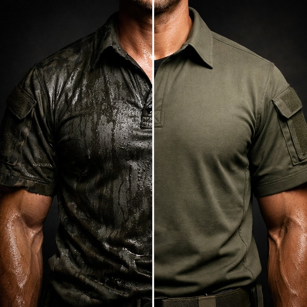 Side-by-side comparison of soaked cotton tactical shirt versus dry poly-cotton blend on body