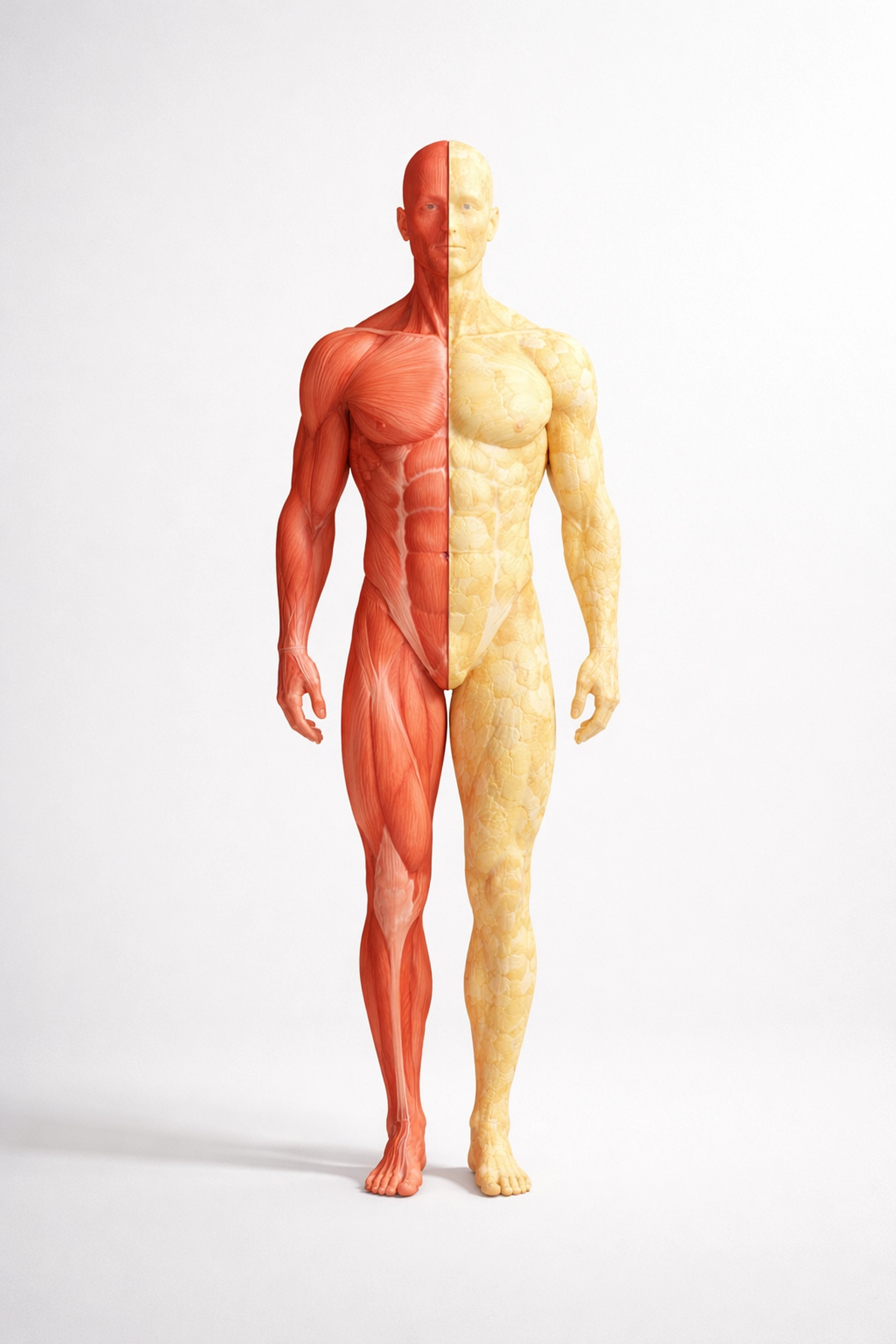 Minimalistic illustration showing muscle versus fat tissue balance during GLP-1 weight loss treatment