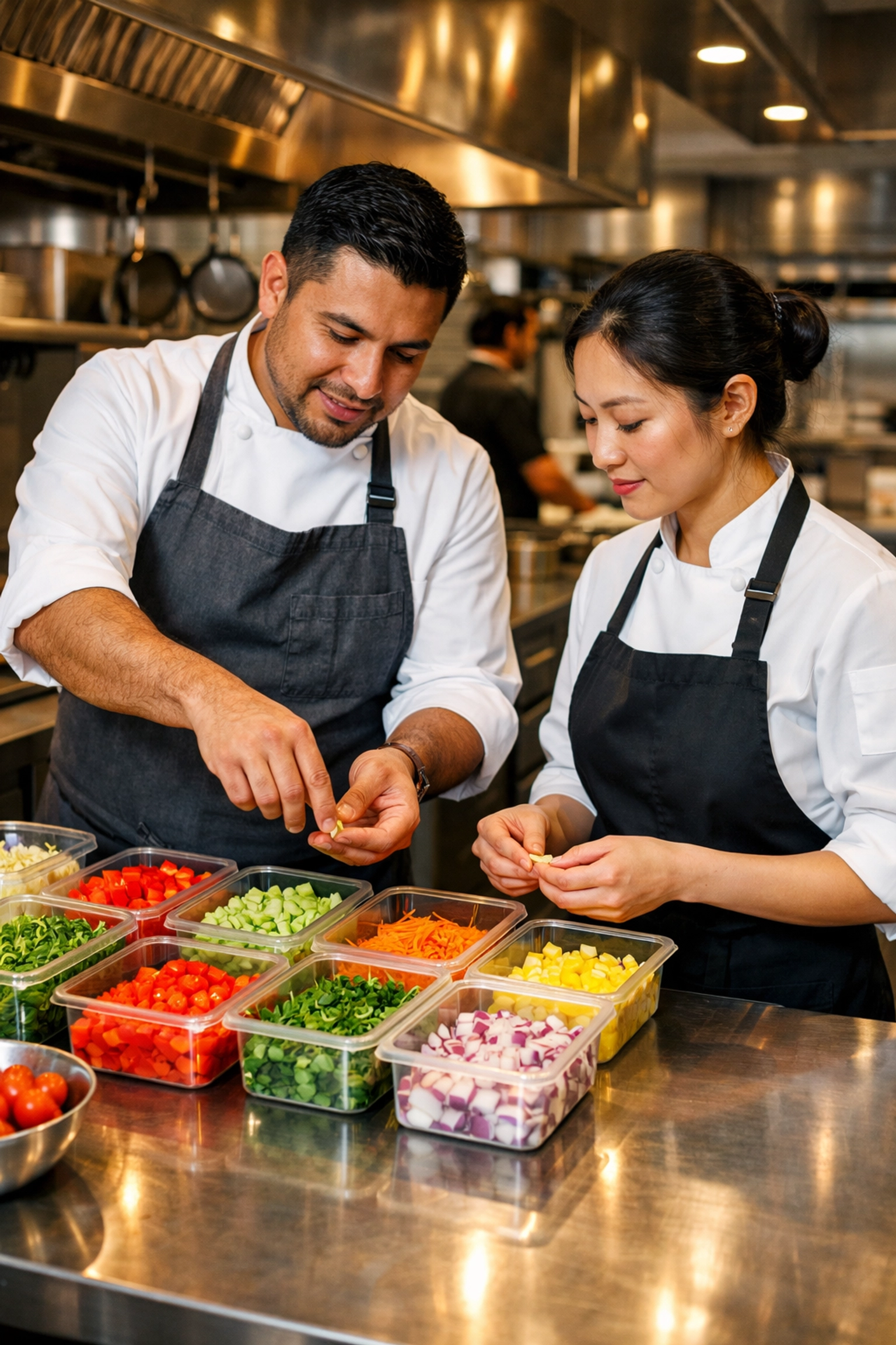 Chefs implementing kitchen SOPs and prep standards to improve labor efficiency in a San Francisco restaurant.