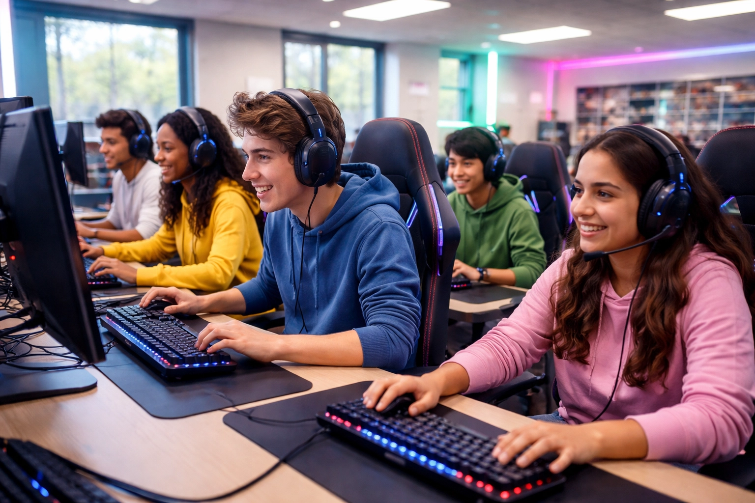 High school students participating in educational esports with professional gaming equipment, illustrating digital media sponsorship and engagement.
