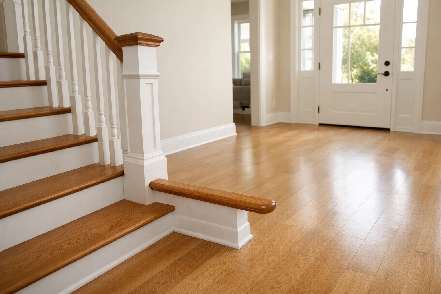 Wooden handrail extension at the bottom of a staircase in a clear, clutter-free landing area.