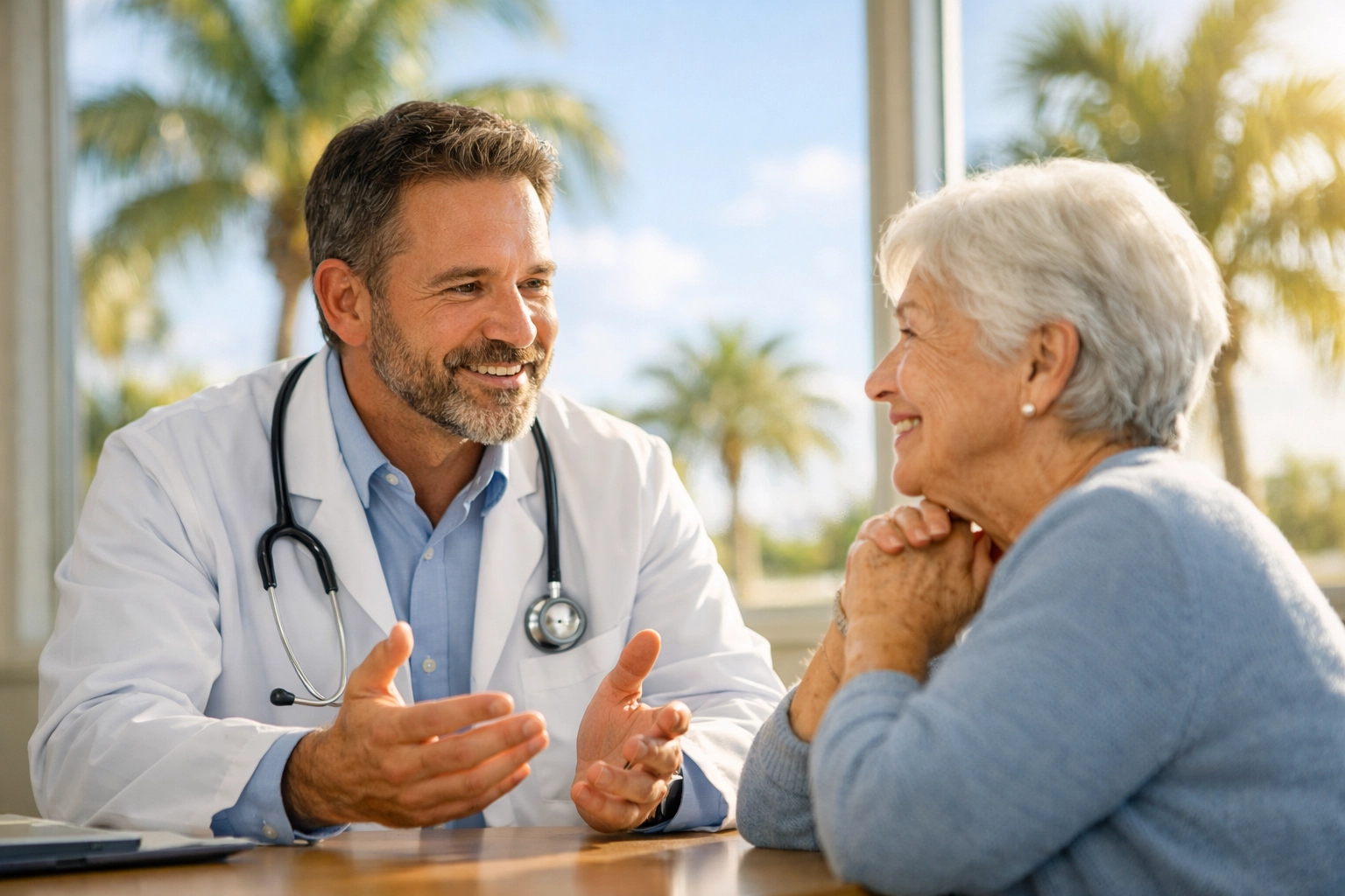 Compassionate pain management doctor in Venice, FL discussing non-surgical treatment with a patient.