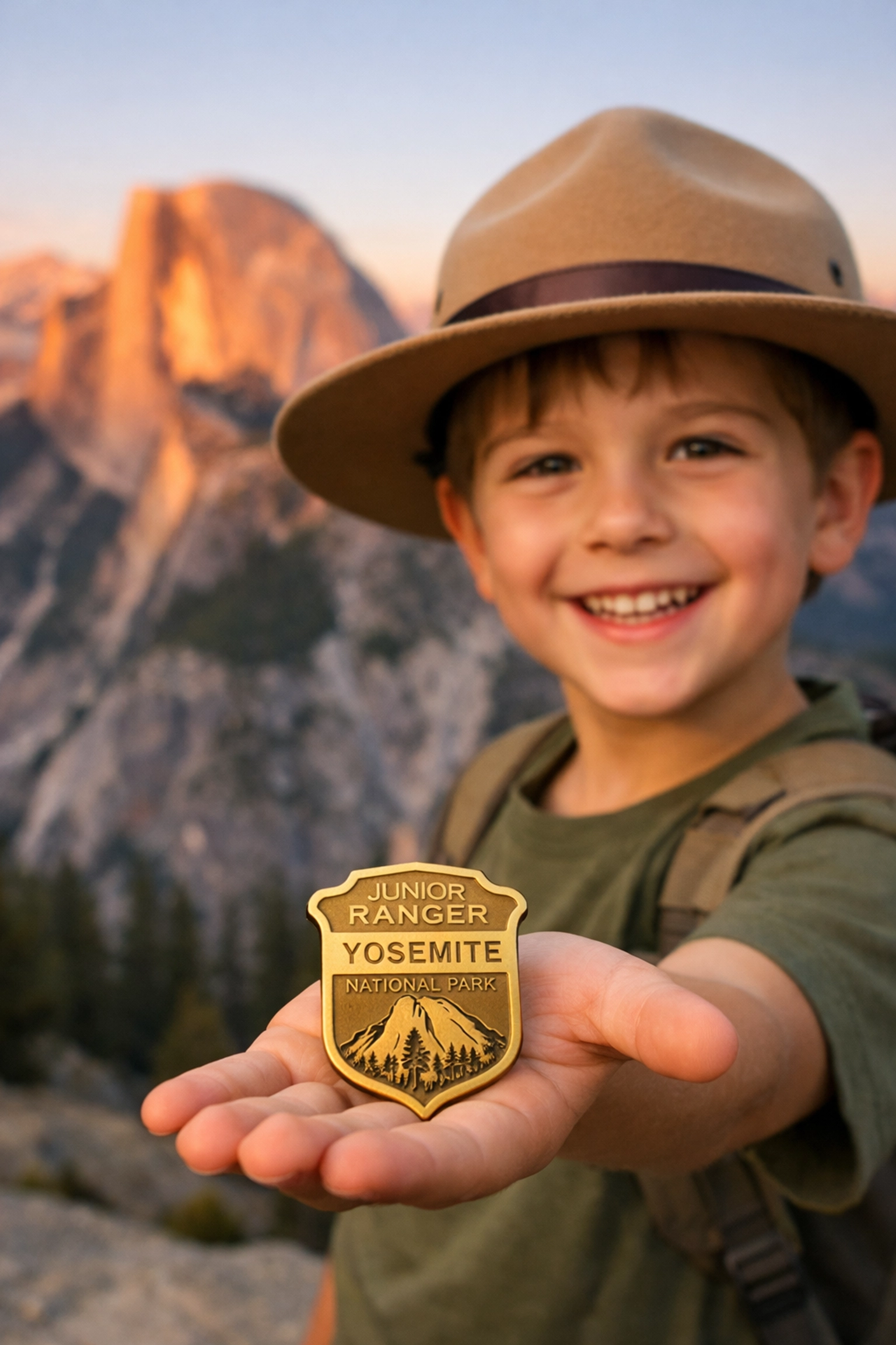 A young boy holding a Junior Ranger badge in Yosemite National Park, a fun family travel activity.
