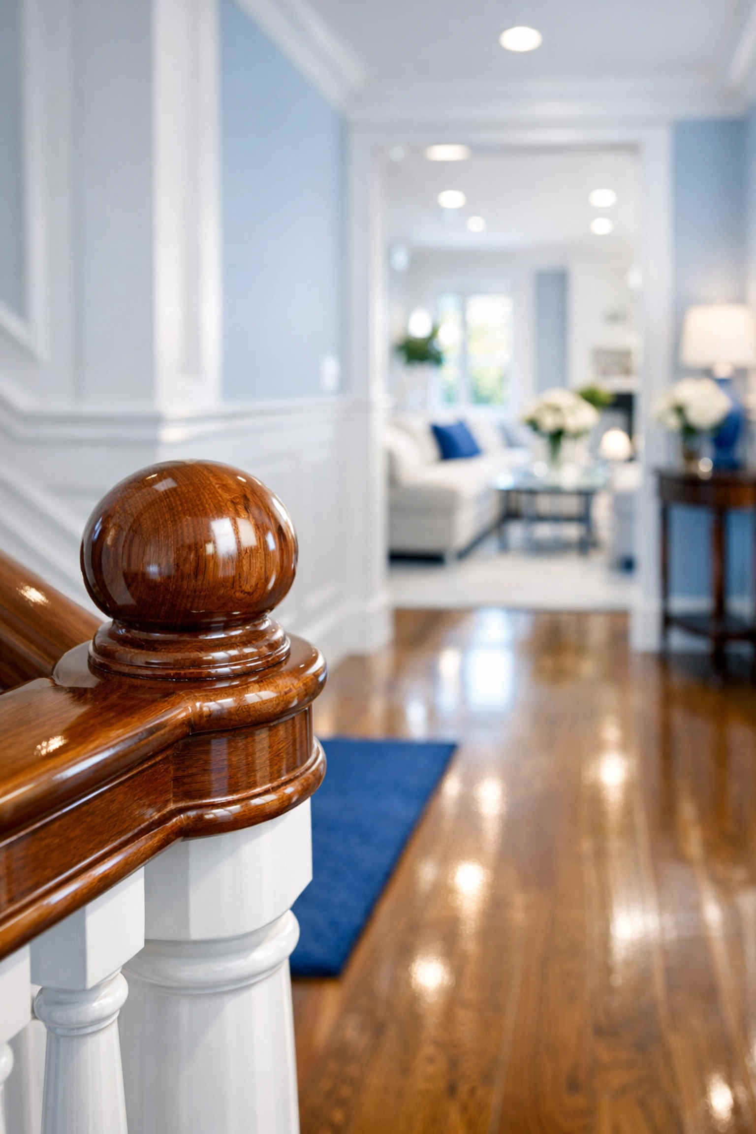 Polished bannister and clean foyer in a Harvard Square home showing expert deep cleaning in Cambridge MA.