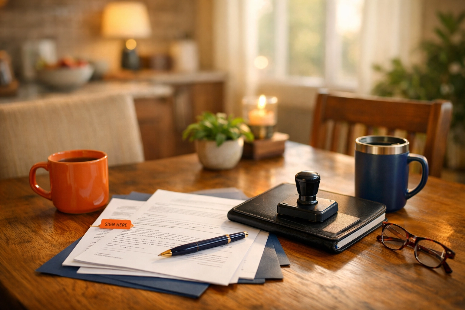 Mobile notary service meeting at home in Utah with documents on dining table