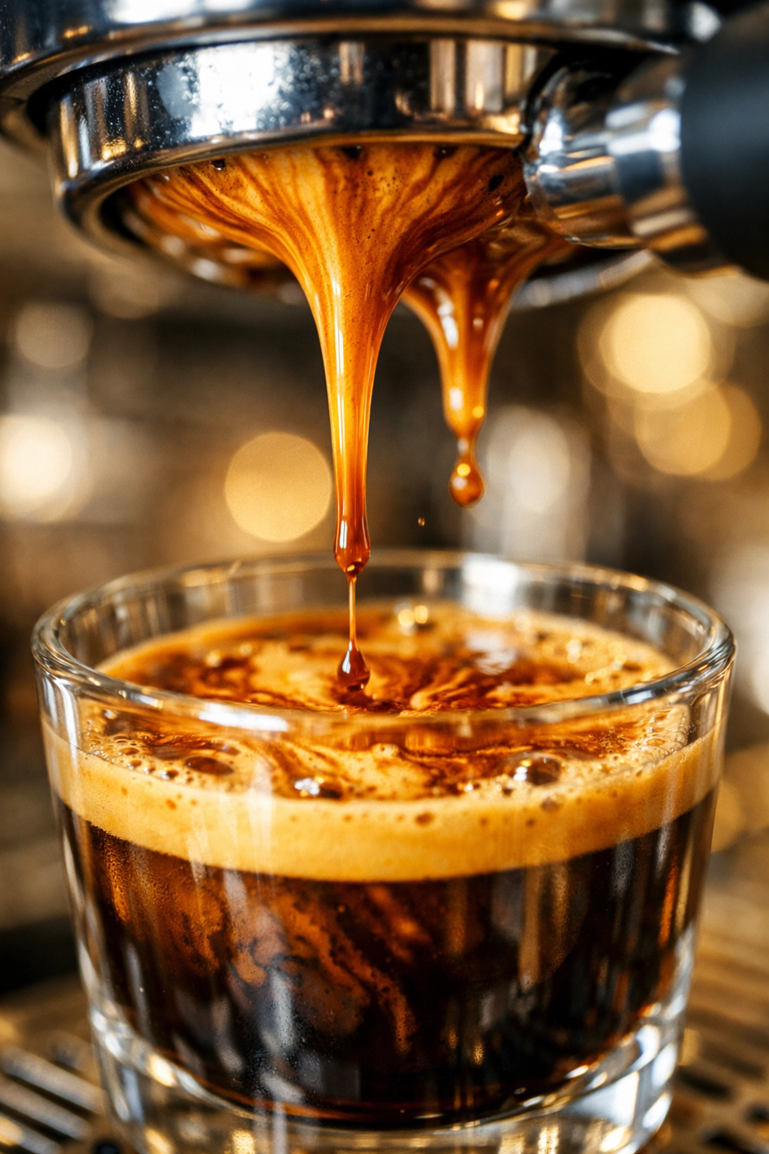 Macro view of espresso extraction using beans from premium coffee suppliers for coffee shops.