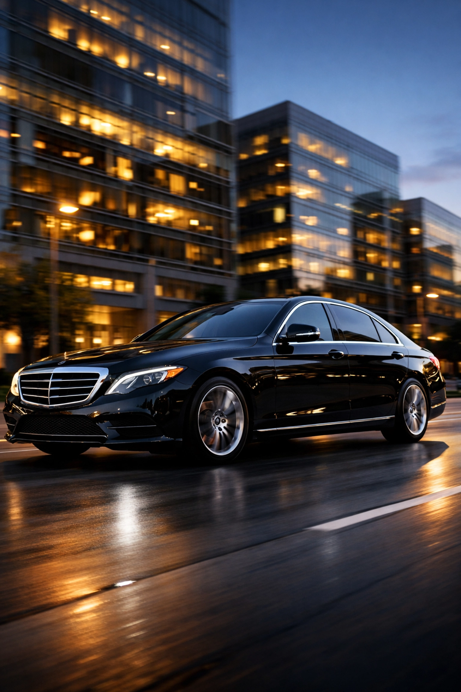 Luxury black executive sedan in Irvine Business Complex representing reliable chauffeur service for corporate travel.