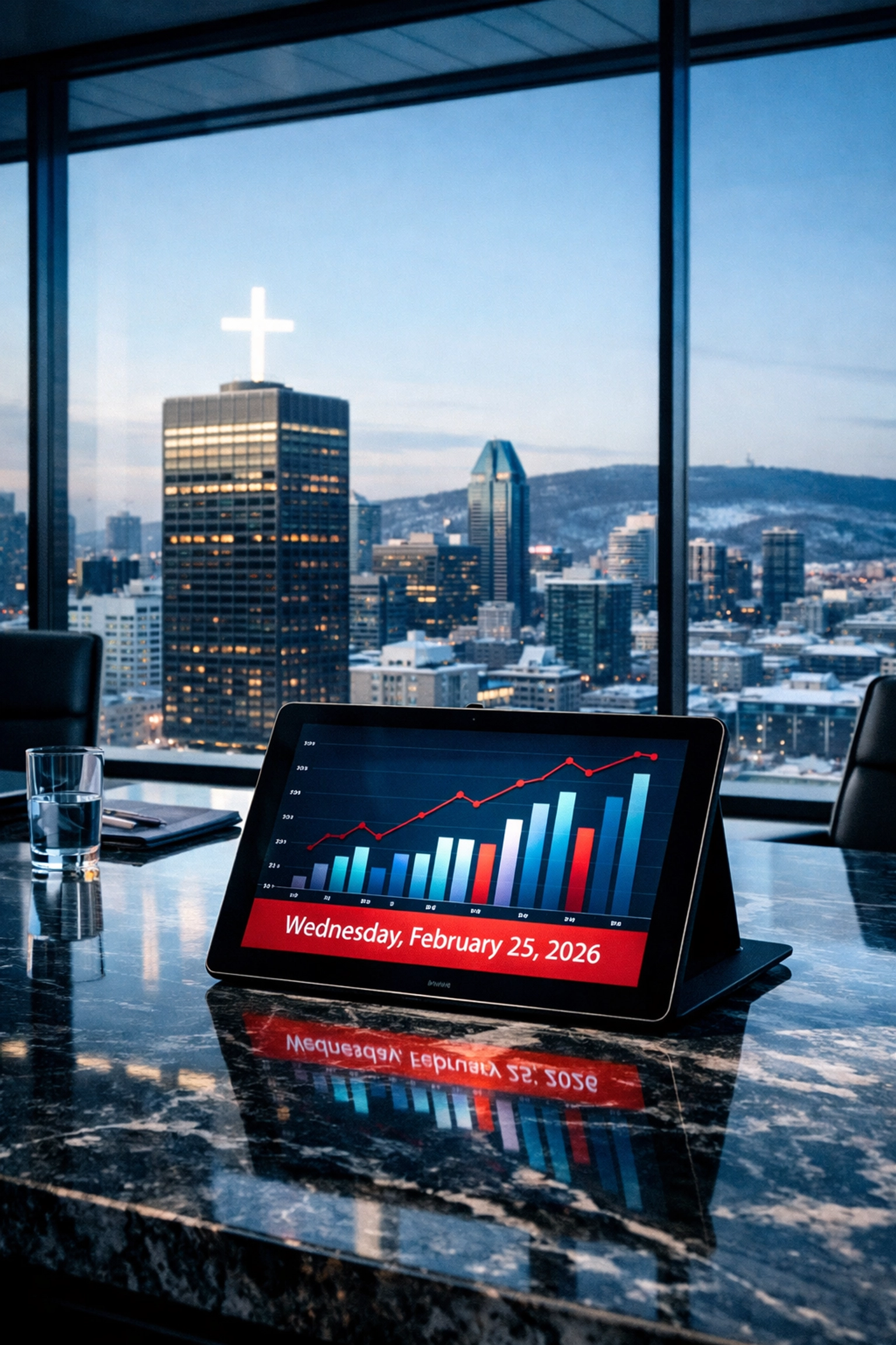 Financial charts on a tablet in a Montreal boardroom overlooking the downtown skyline.