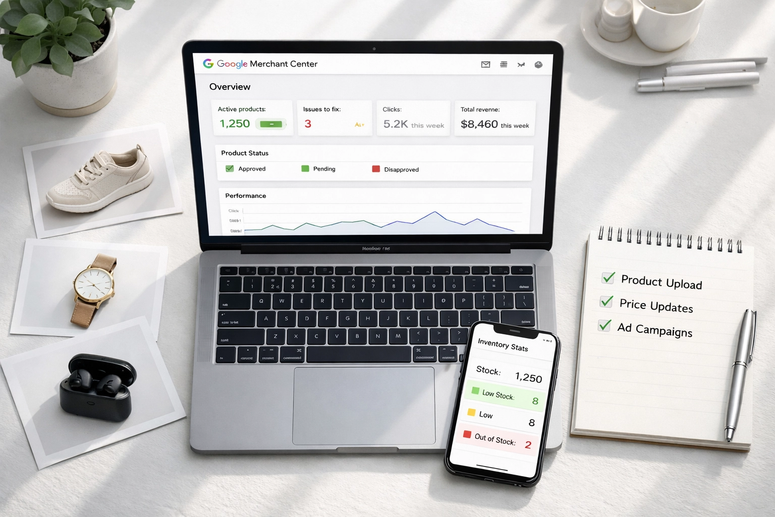 Google Merchant Center dashboard with product inventory data and feed optimization checklist