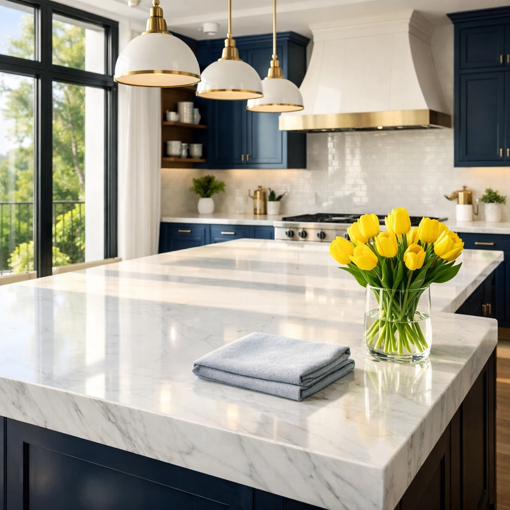 Eco-friendly residential cleaning Massachusetts for a modern Dover kitchen with marble surfaces.