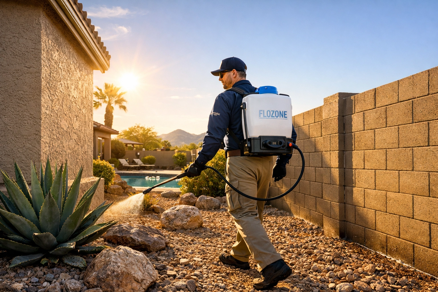 Bucksworth technician applying a pest and weed barrier to a desert landscaped backyard in Phoenix, Arizona.
